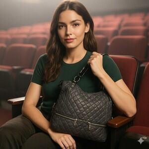Tiffany & Fred Quilted Hobo Bag Double Zipper Pockets Shoulder‎ Bag Purse Gray
